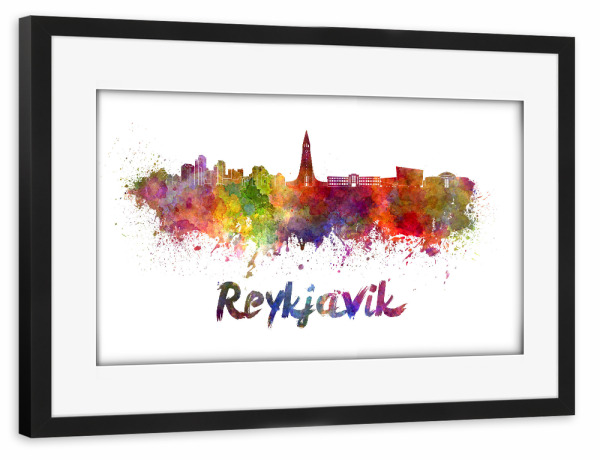 Poster mit Rahmen schwarz "Horizonte de REIKJAVIK en acuarela" artboxONE - Städte,Abstrakt,Architektur