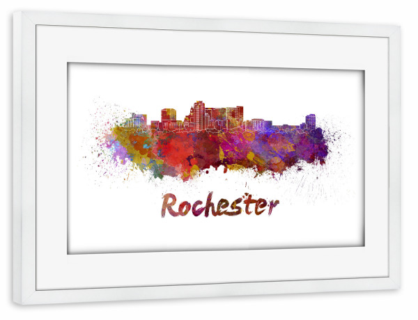 Poster mit Rahmen weiß "ROCHESTER MN skyline in watercolor" artboxONE - Städte,Abstrakt,Architektur