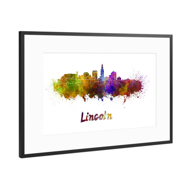 Poster mit Rahmen Schwarz (Metallic) "LINCOLN skyline in watercolor-b" artboxONE - Städte,Abstrakt,Architektur