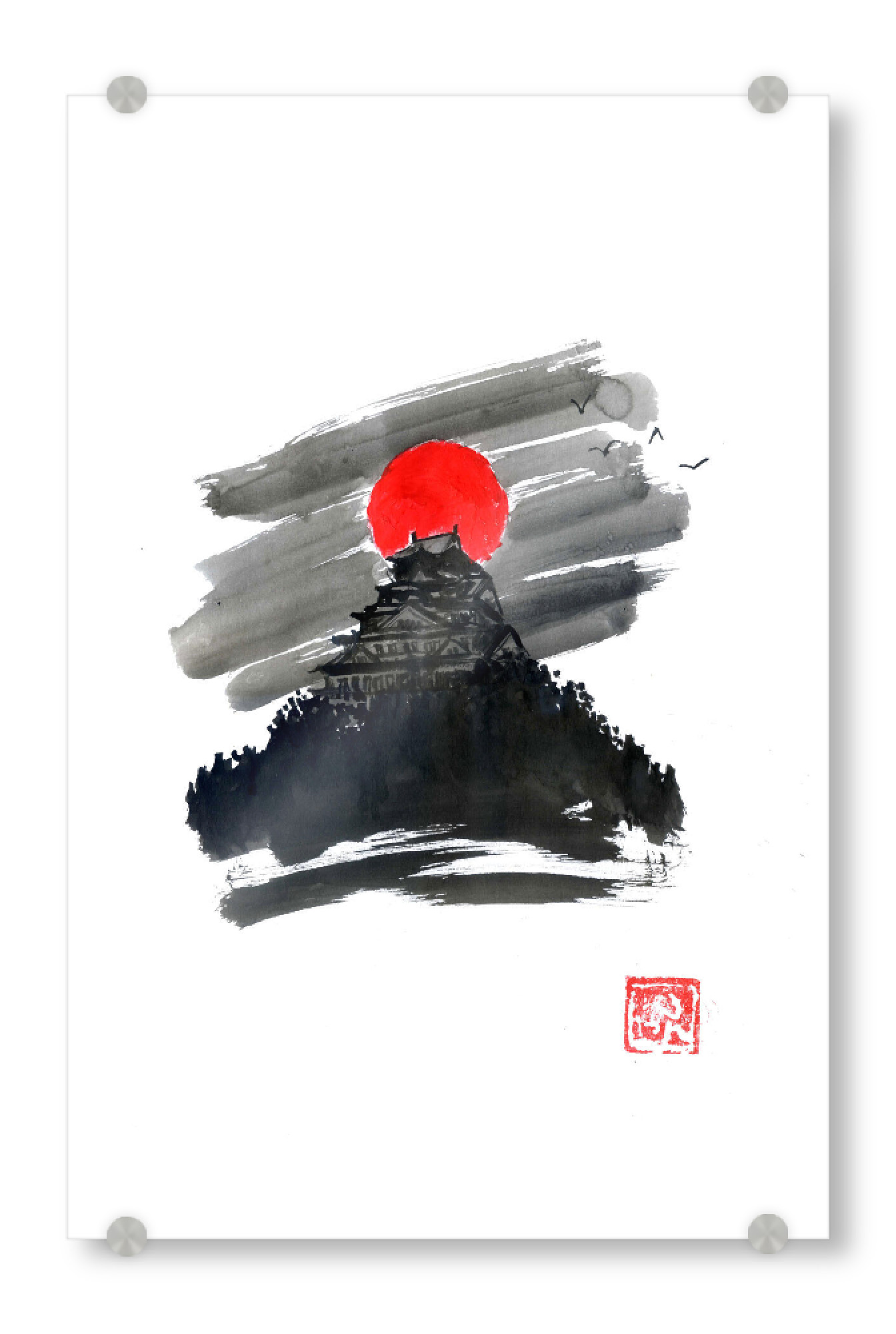 Acrylglasbild "Red moon castle" artboxONE - Natur,Schwarzweiß - Castle,Temple,Sumie,Japan,Red moon,Burg,Schwarzweiß,Blackandwhite