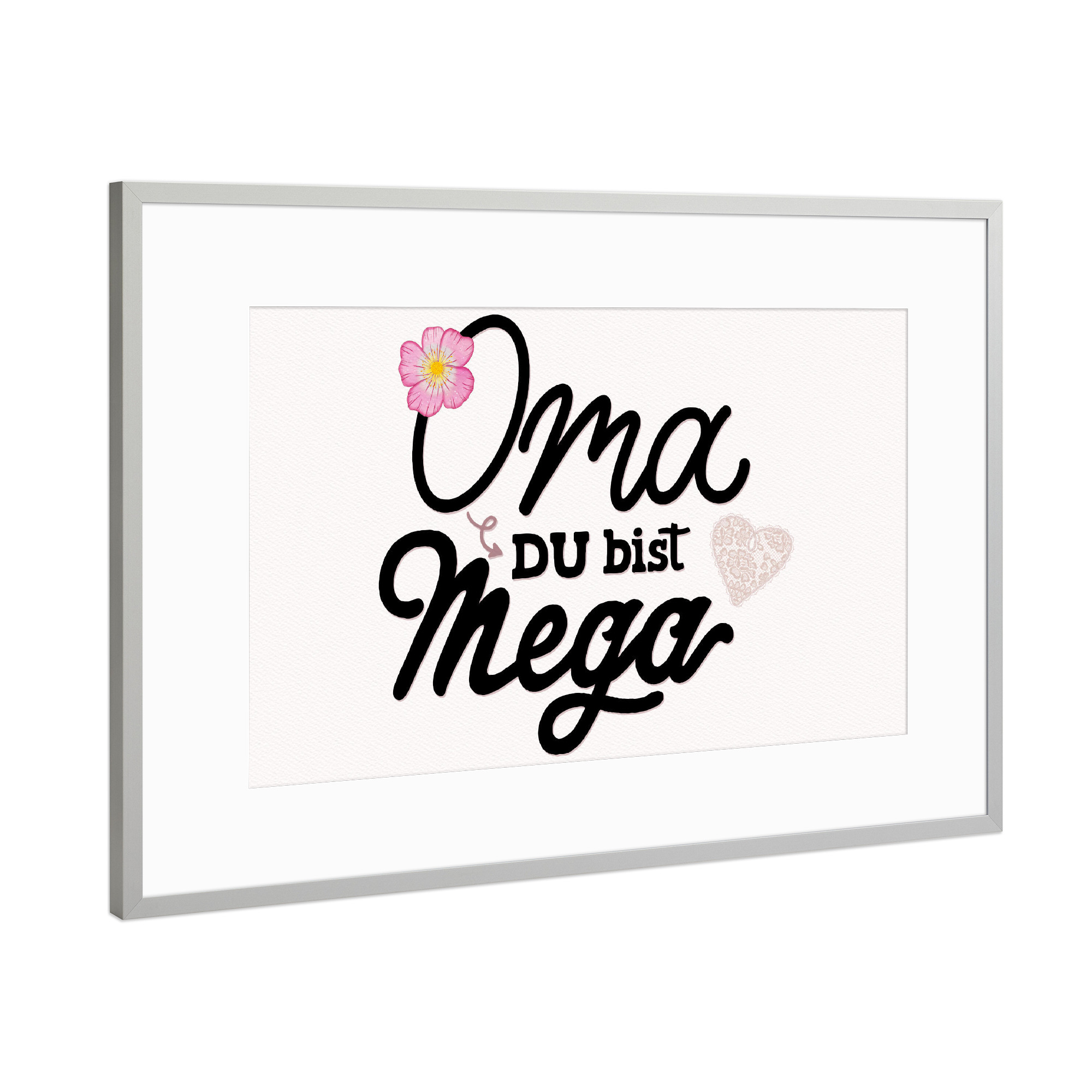 Poster mit Rahmen Silber "Oma, du bist mega" artboxONE - Typografie,Floral,Liebe