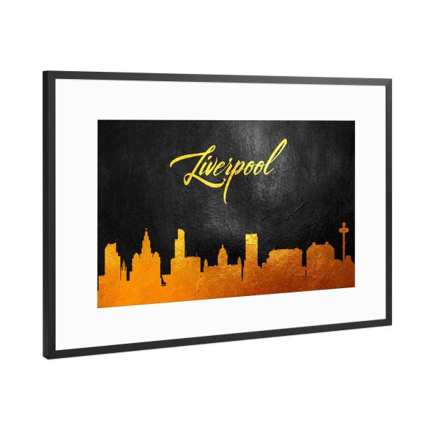 Poster mit Rahmen Schwarz (Metallic) "Liverpool England Gold Skyline" artboxONE - Städte - Gold,Skyline,Liverpool,England,City,Stadt