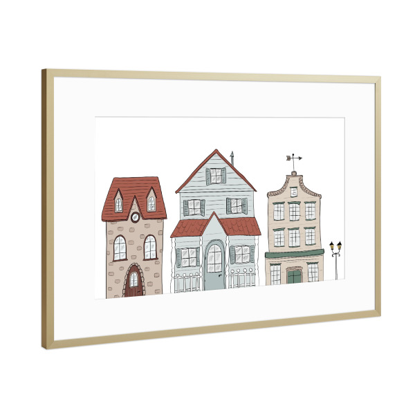 Poster mit Rahmen Gold "Häuserreihe.jpg" artboxONE - Architektur - Häuser,Illustration,Houses,Buildings,Gebäude,Architektur,Architecture