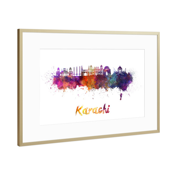 Poster mit Rahmen Gold "KARACHI skyline in watercolor" artboxONE - Städte,Abstrakt,Architektur