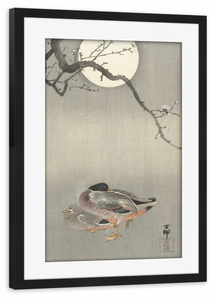 Poster mit Rahmen schwarz "Enten bei Vollmond" artboxONE - Natur,Tiere - Japan,Gemälde,Malerei,Kunst,Ohara,Koson,Enten,Tiere,Natur