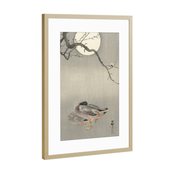 Poster mit Rahmen Gold "Enten bei Vollmond" artboxONE - Natur,Tiere - Japan,Gemälde,Malerei,Kunst,Ohara,Koson,Enten,Tiere,Natur