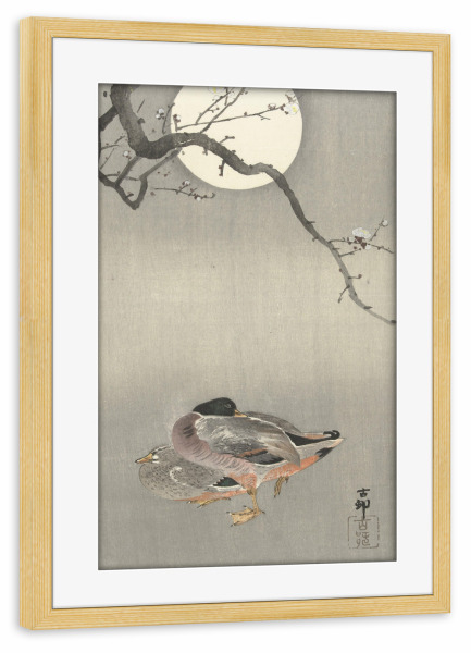Poster mit Rahmen kiefer "Enten bei Vollmond" artboxONE - Natur,Tiere - Japan,Gemälde,Malerei,Kunst,Ohara,Koson,Enten,Tiere,Natur