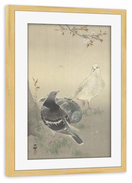 Poster mit Rahmen kiefer "Drei zahme Tauben" artboxONE - Natur,Tiere - Ohara,Koson,Tier,Animal,Brid,Vogel,Kunst,Malerei,Gemälde,Tauben,Japan