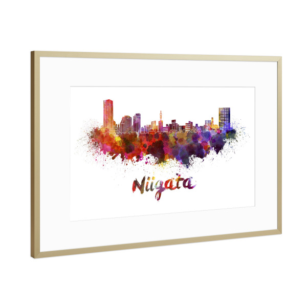Poster mit Rahmen Gold "NIIGATA skyline in watercolor" artboxONE - Städte,Abstrakt,Architektur