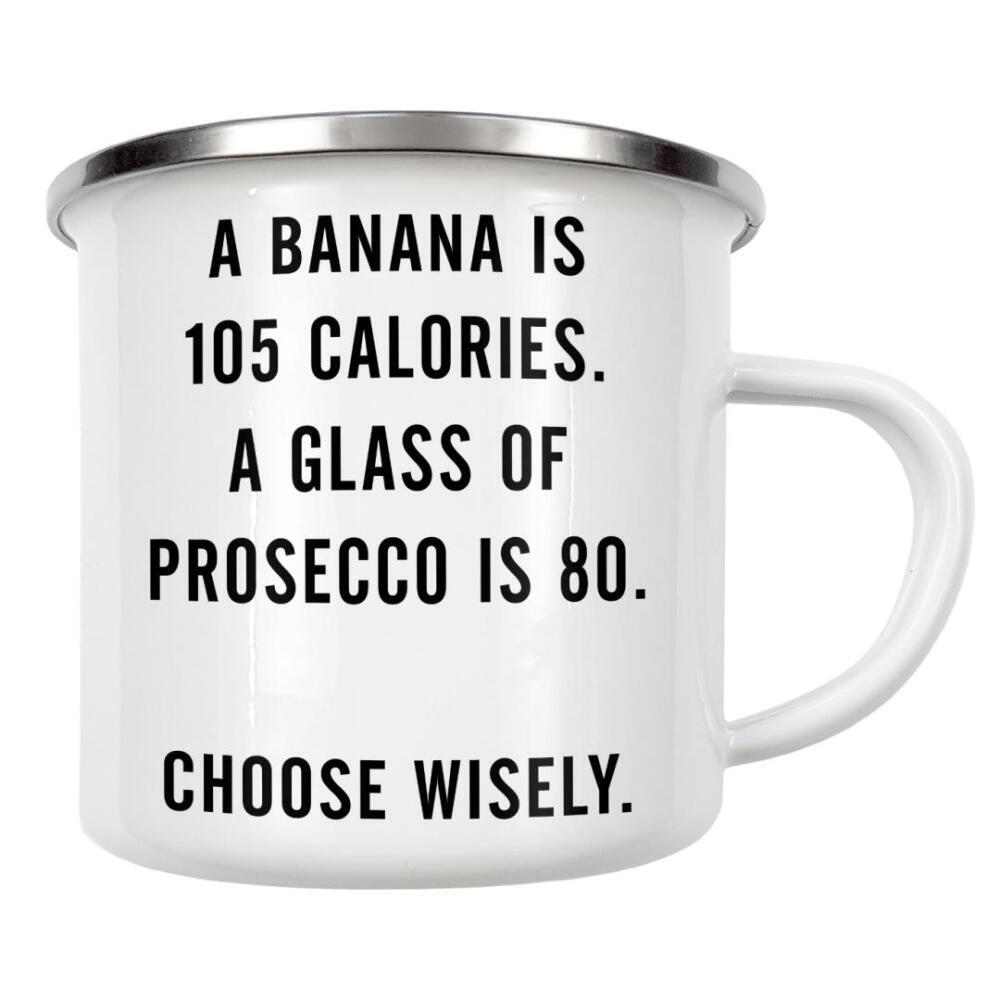 Emaille Tasse "Banana Prosecco calories comparison" artboxONE - Typografie,Essen & Trinken,Comic,Schwarzweiß