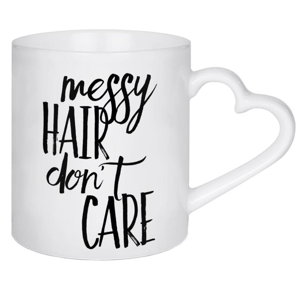 Herztasse "Messy hair don't care" artboxONE - Typografie,Schwarzweiß