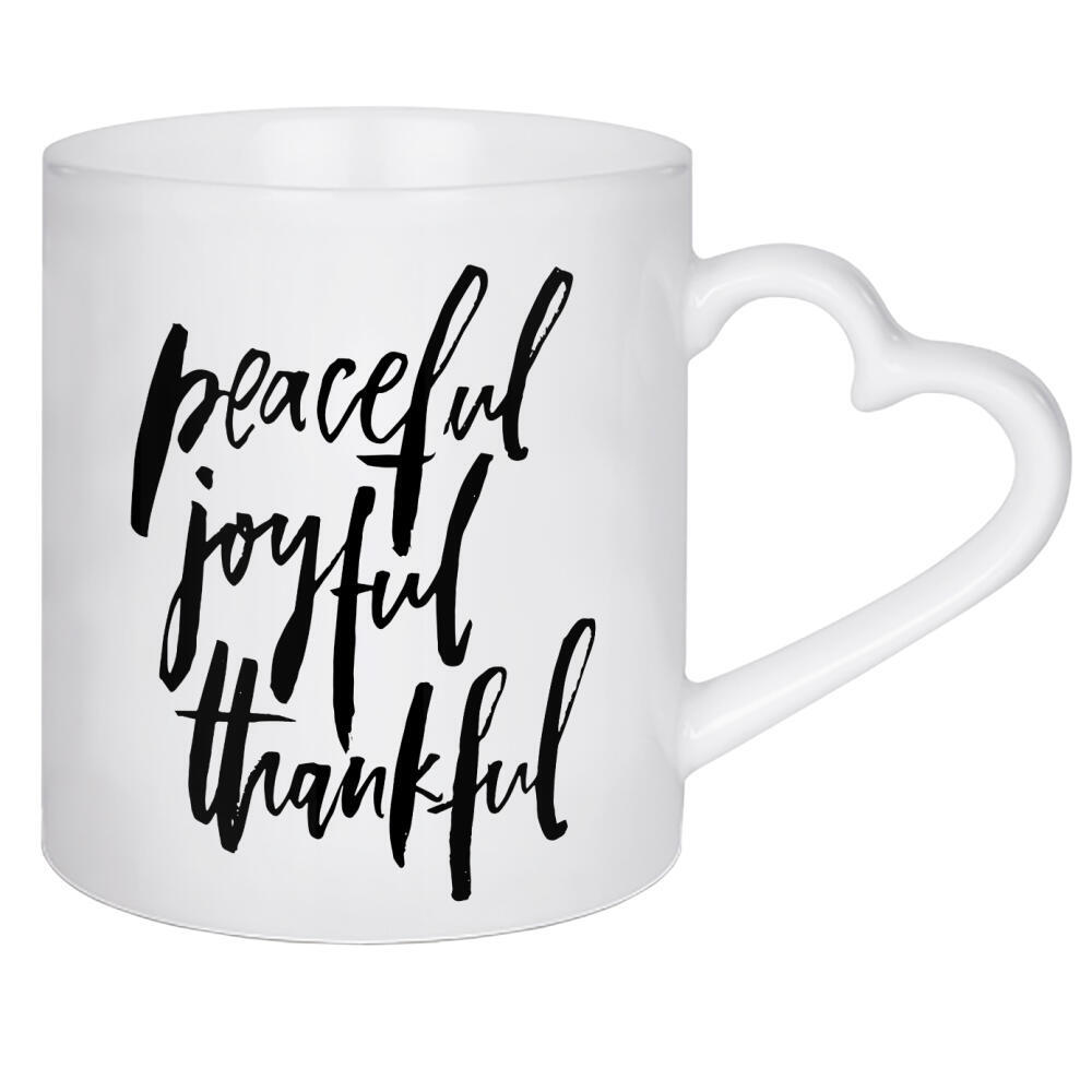 Herztasse "Peaceful Joyful Thankful" artboxONE - Typografie,Schwarzweiß,Liebe