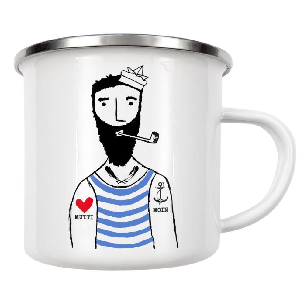 Emaille Tasse "Seemann" artboxONE - Für Kinder,Schwarzweiß - Seemann,Maritim,Anker,Meer