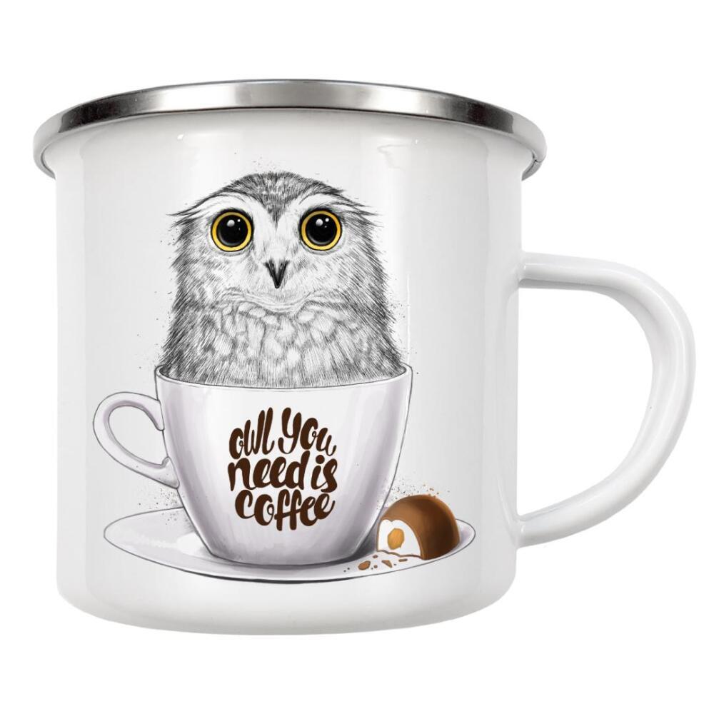 Emaille Tasse "Owl you need is coffee" artboxONE - Natur,Tiere,Essen & Trinken