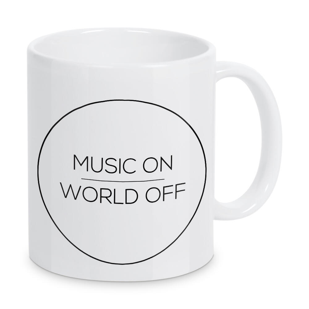 Tasse "MUSIC ON | WORLD OFF" artboxONE - Typografie,Schwarzweiß,Musik,Geometrie,Festivals