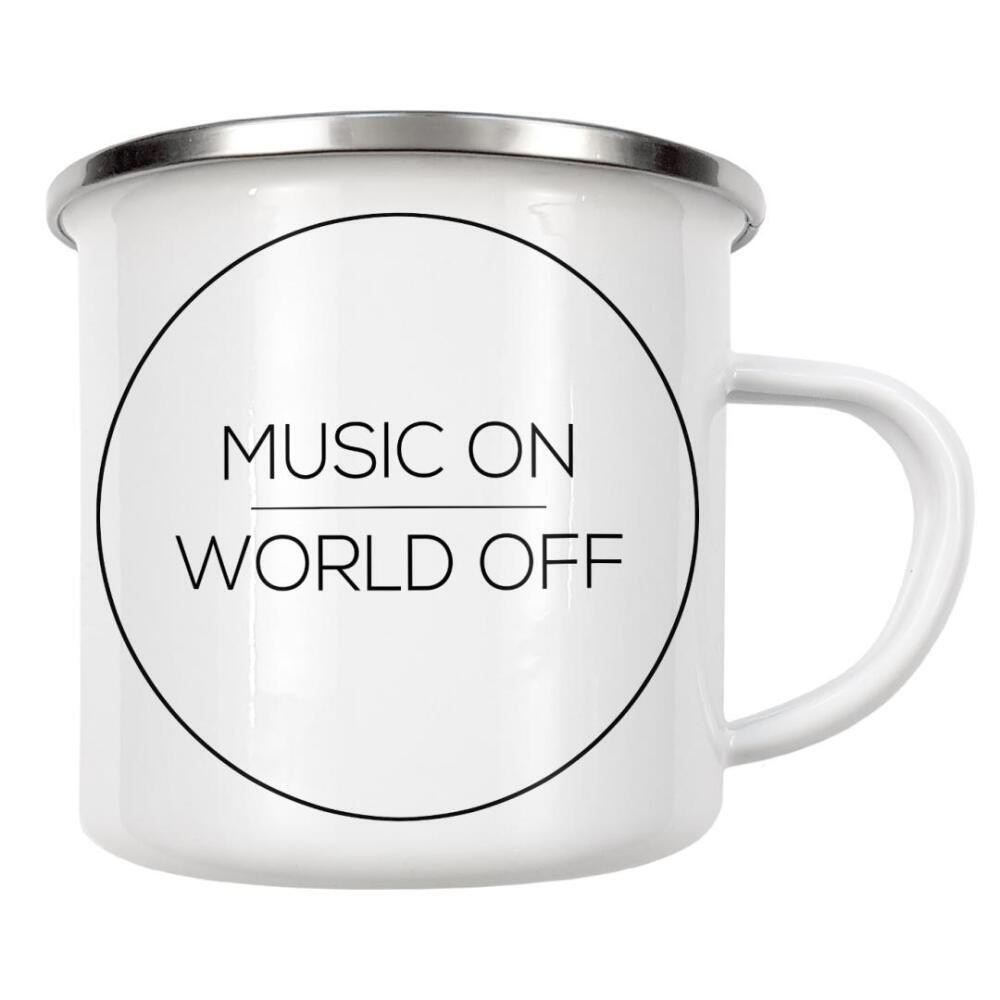 Emaille Tasse "MUSIC ON | WORLD OFF" artboxONE - Typografie,Schwarzweiß,Musik,Geometrie,Festivals