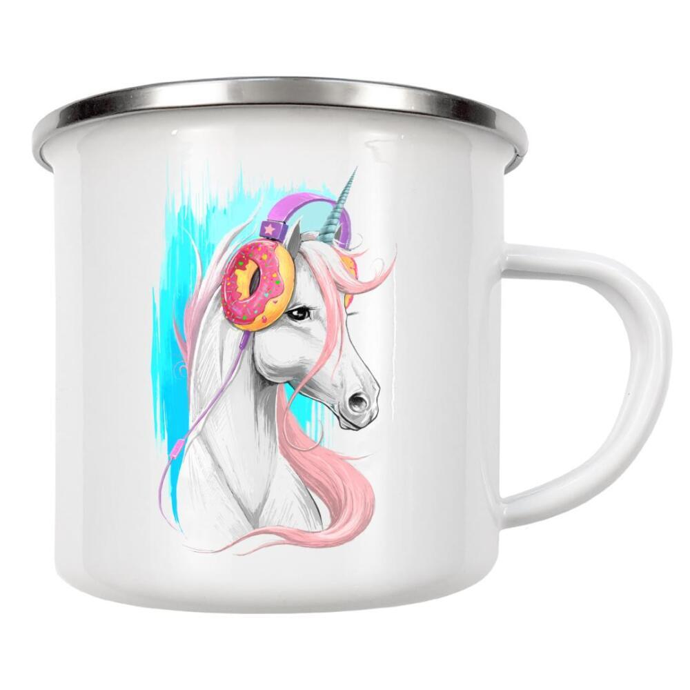 Emaille Tasse "Unicorn in the headphones of donuts" artboxONE - Natur,Tiere,Musik,Fiktion,Festivals