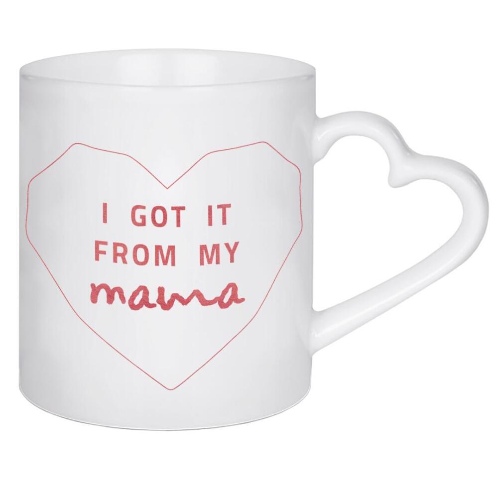 Herztasse "I got it from my Mama" artboxONE - Typografie - Muttertag,Murmeln,Mama,Liebe,Beste,Liebeserklärung,Liebe,Beste mutter,Familie,Herz,Vererbt