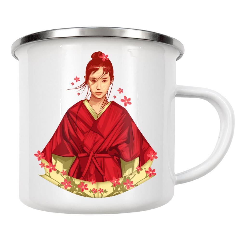 Emaille Tasse "Soul of sakura" artboxONE - Menschen,Fiktion - Soul,Japan,Illustration,Japanese,Portrait,Blumen,Blüten,Floral,Japanisch