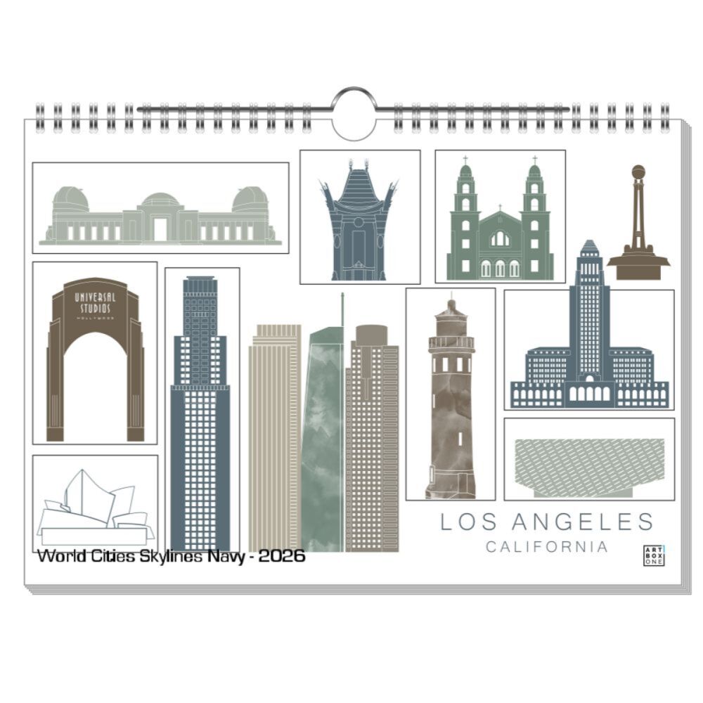 artboxONE Wandkalender A4 2025 World Cities Skylines Navy Skylines