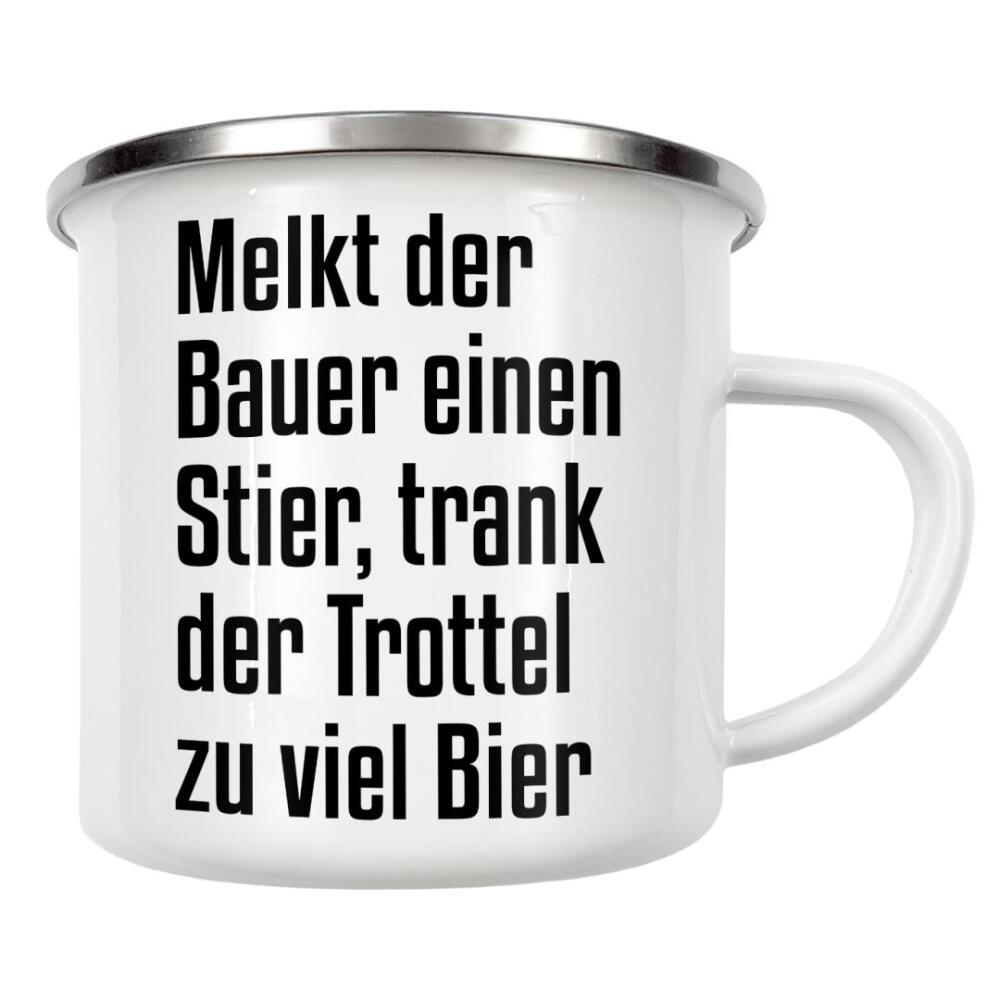 Emaille Tasse "Stiere melken" artboxONE - Typografie,Schwarzweiß,Für Papa,Männer,Essen & Trinken / Alkohol