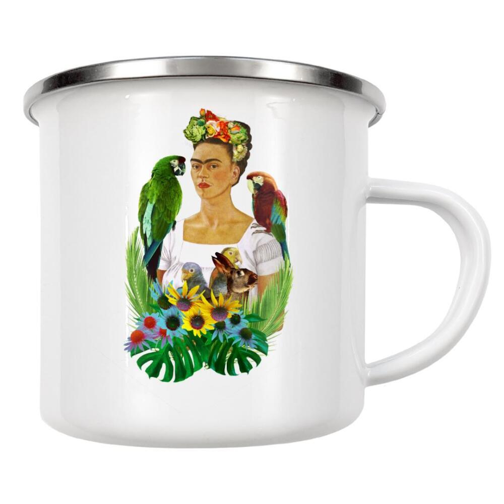 Emaille Tasse "Frida And Her Pets" artboxONE - Menschen - Frida kahlo,Haustiere,Frida,Kahlo,Pets,Bunt,Colorful,Tiere,Animals,Woman,Female,Frau,Stark