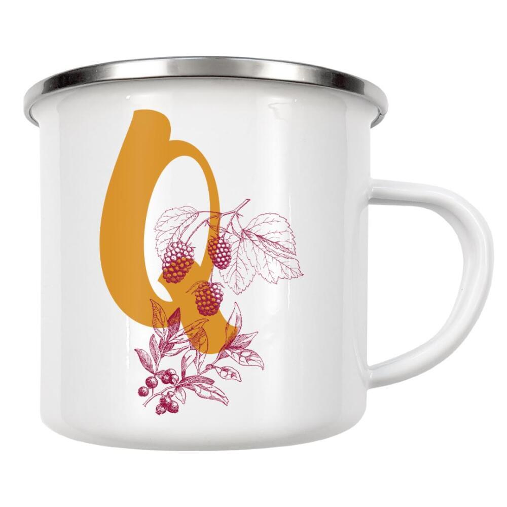 Emaille Tasse "Q" artboxONE - Typografie,Natur,Floral,Für Kinder - Q,Buchstabe,Früchte,Vintage,Alphabet,Blätter,Pflanze