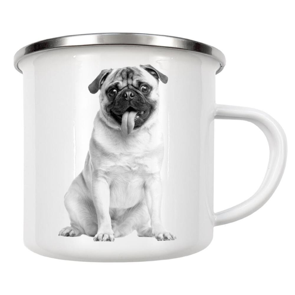 Emaille Tasse "Mops 02" artboxONE - Natur,Für Kinder,Tiere,Schwarzweiß - Mops,Hund,Welpe,Zunge,Zunge rausstrecken,Froilein juno
