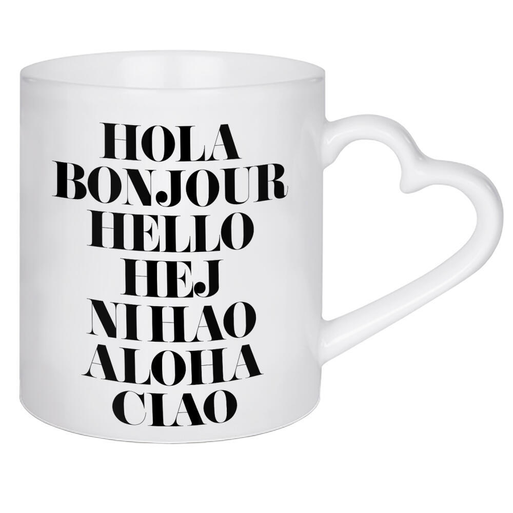 Herztasse "Hello" artboxONE - Typografie,Reise,Schwarzweiß - Hallo,Hallo,Bonjour,Hola,Hej,Nihao,Akoha,Ciao,Begrüssung