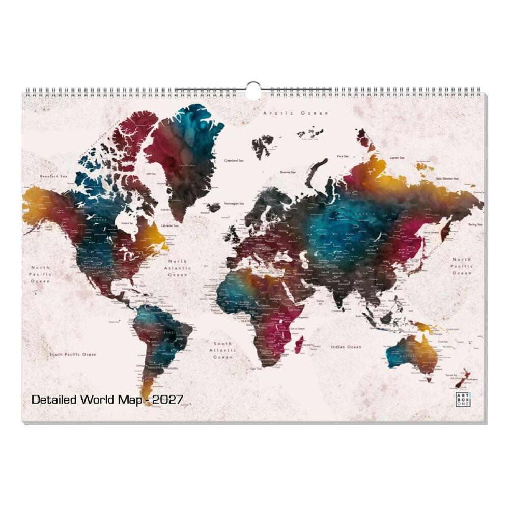 artboxONE Wandkalender A2 2026 Detailed World Map Karte