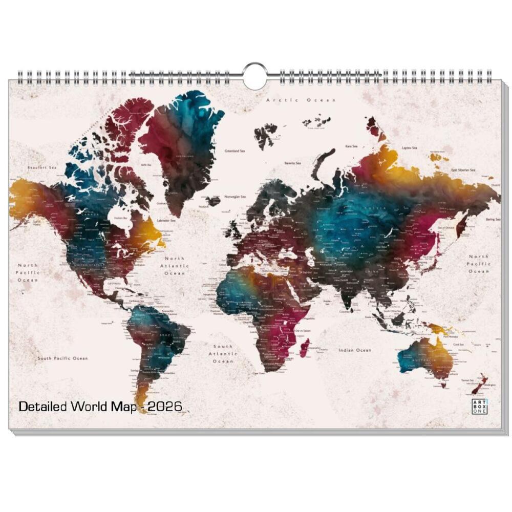 artboxONE Wandkalender A3 2025 Detailed World Map Karte