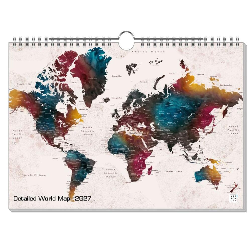 artboxONE Wandkalender A4 2026 Detailed World Map Karte