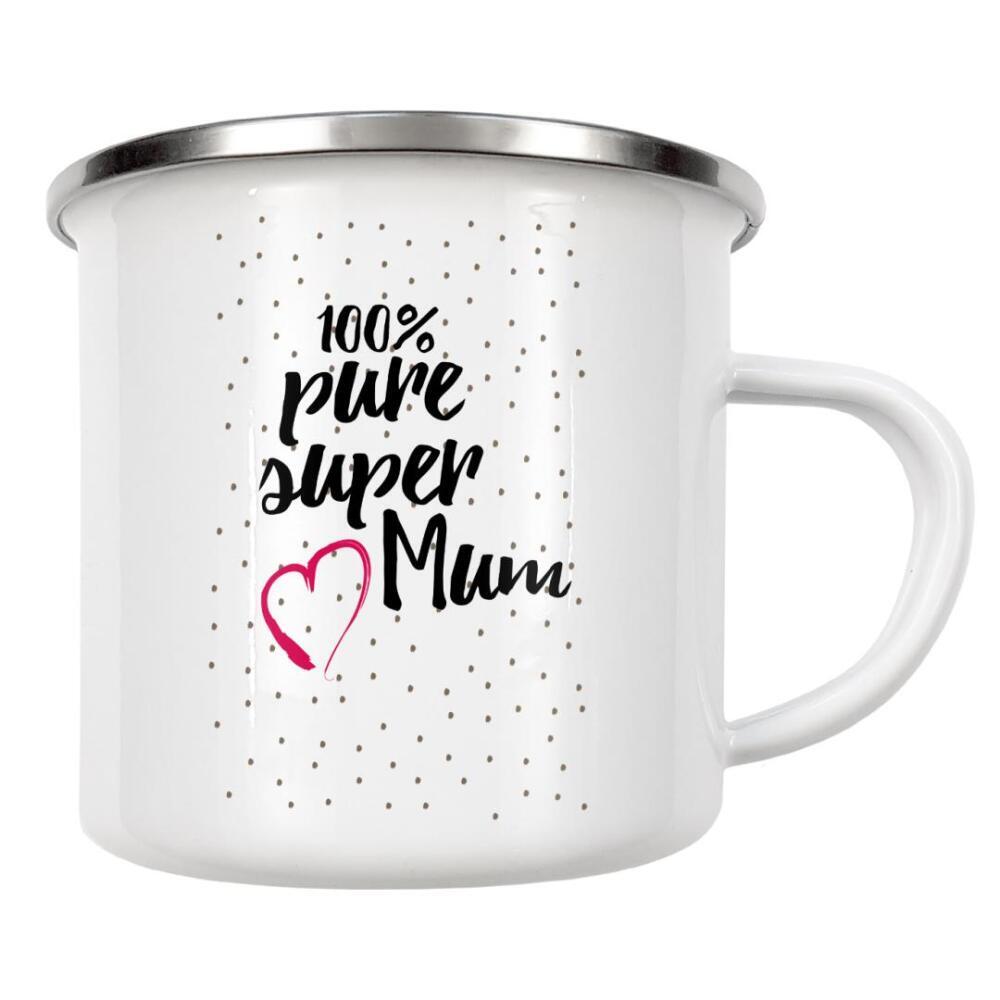 Emaille Tasse "Super Mom 2" artboxONE - Typografie,Schwarzweiß,Liebe,Für Mama