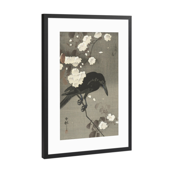 Poster mit Rahmen Schwarz (Metallic) "Krähe mit Kirschblüte" artboxONE - Natur,Tiere