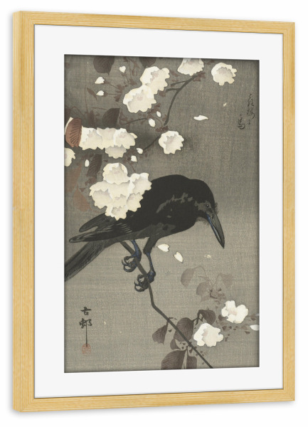 Poster mit Rahmen kiefer "Krähe mit Kirschblüte" artboxONE - Natur,Tiere