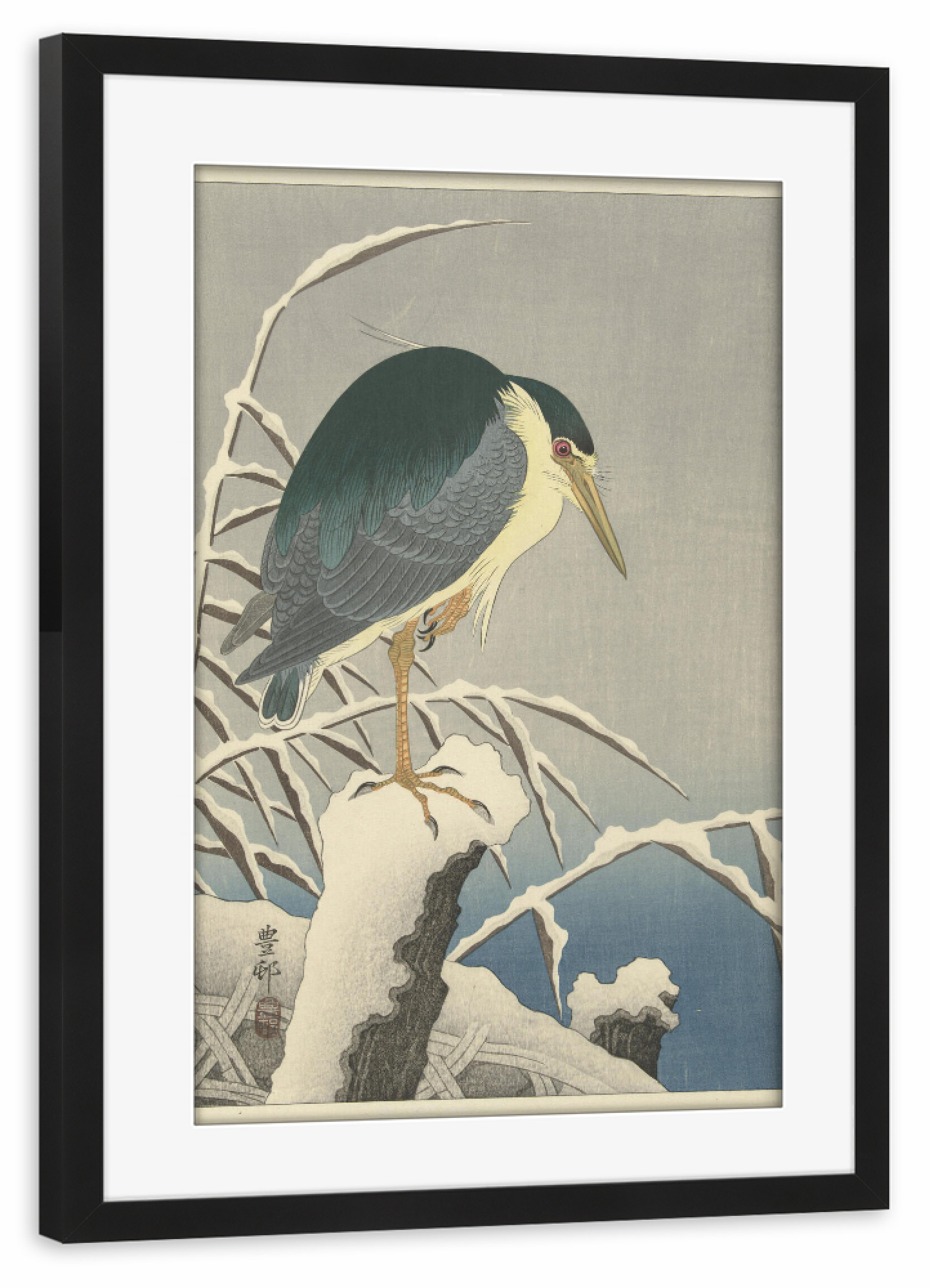 Poster mit Rahmen schwarz "Reiher im Schnee" artboxONE - Natur,Tiere - Ohara,Koson,Tier,Animal,Bird,Vogel,Natur,Malerei,Gemälde,Kunst,Japan