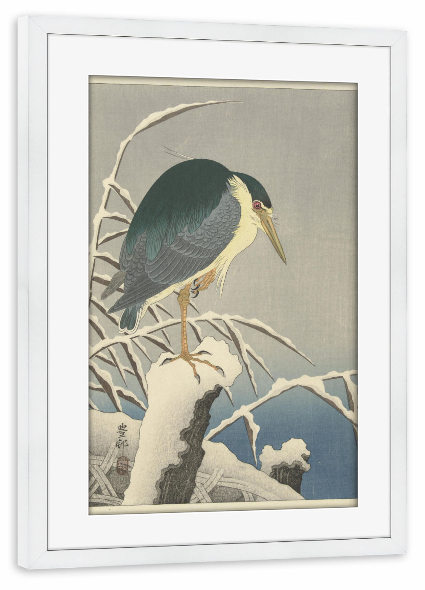 Poster mit Rahmen weiß "Reiher im Schnee" artboxONE - Natur,Tiere - Ohara,Koson,Tier,Animal,Bird,Vogel,Natur,Malerei,Gemälde,Kunst,Japan
