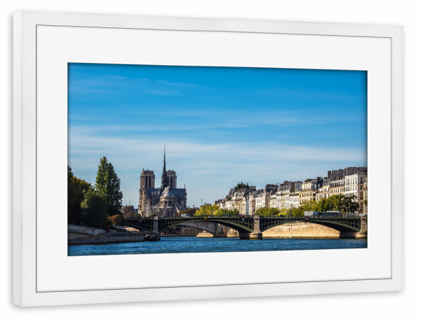 Poster mit Rahmen weiß "Seine, Brücke und Notre-Dame" artboxONE - Reise,Architektur,Städte / Paris,Reise / Länder