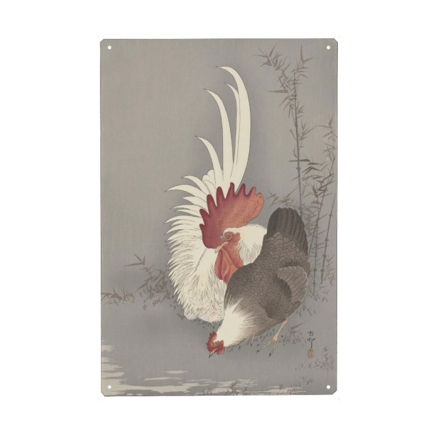 Metall Poster "Hahn und Huhn" artboxONE - Natur,Tiere - Hahn,Huhn,Tier,Natur,Malerei,Gemälde,Kunst,Ohara,Koson,Japan - Blechschild