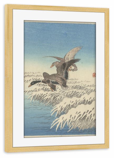 Poster mit Rahmen kiefer "Entenschwarm" artboxONE - Natur,Tiere - Ohara,Koson,Malerei,Gemälde,Kunst,Natur,Enten,Vögel,Fliegen,Schnee,Winter,Japan