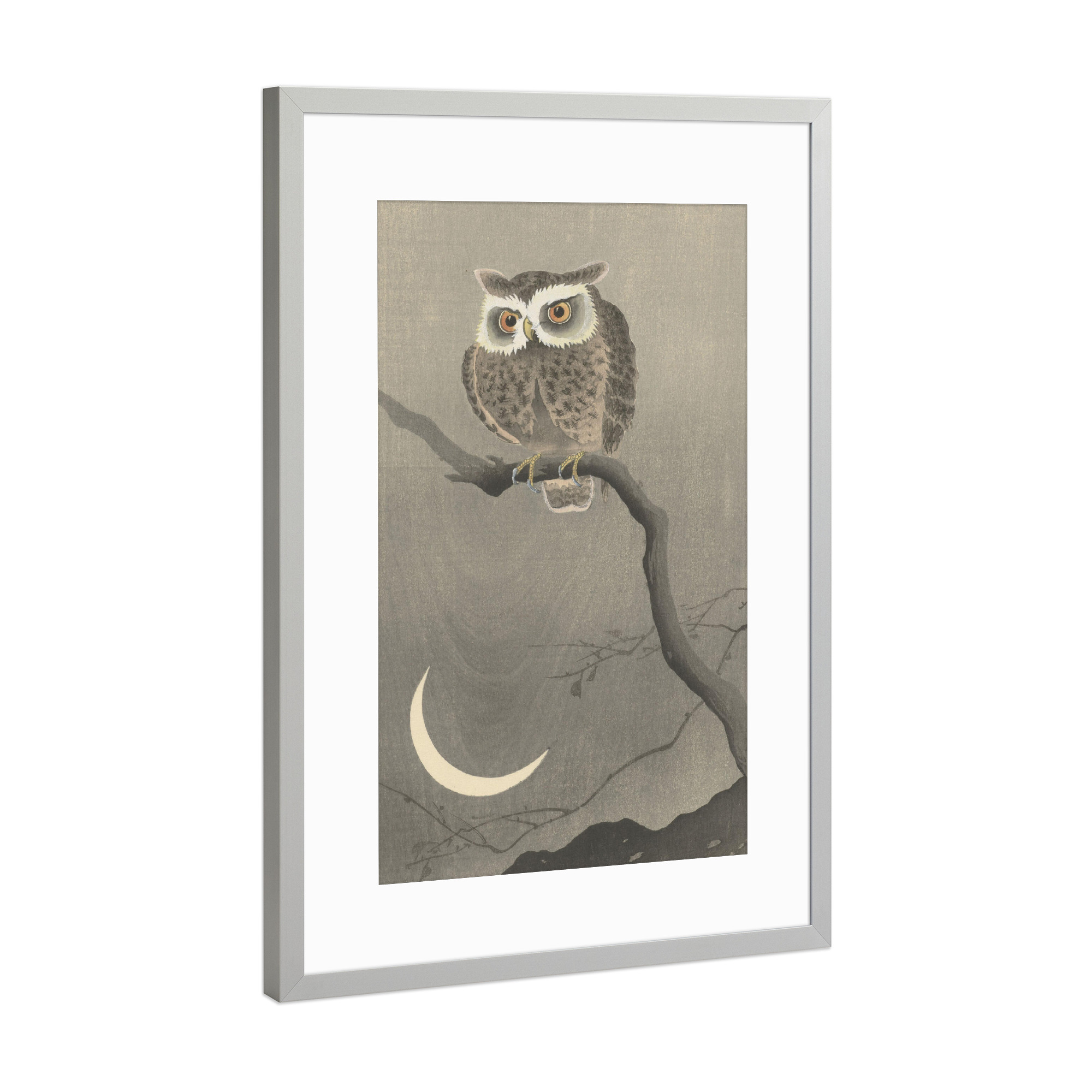Poster mit Rahmen Silber "Waldohreule auf dem Ast" artboxONE - Natur,Tiere - Eule,Owl,Tier,Baum,Tree,Natur,Malerei,Gemälde,Kunst,Ohara,Koson,Japan