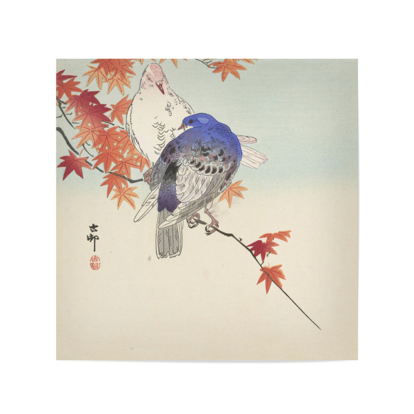 Poster 20x20 cm "Zwei Tauben auf herbstlichem Ast" artboxONE - Natur,Tiere - Ohara,Koson,Natur,Tiere,Vogel,Baum,Blätter,Kunst,Malerei,Gemälde