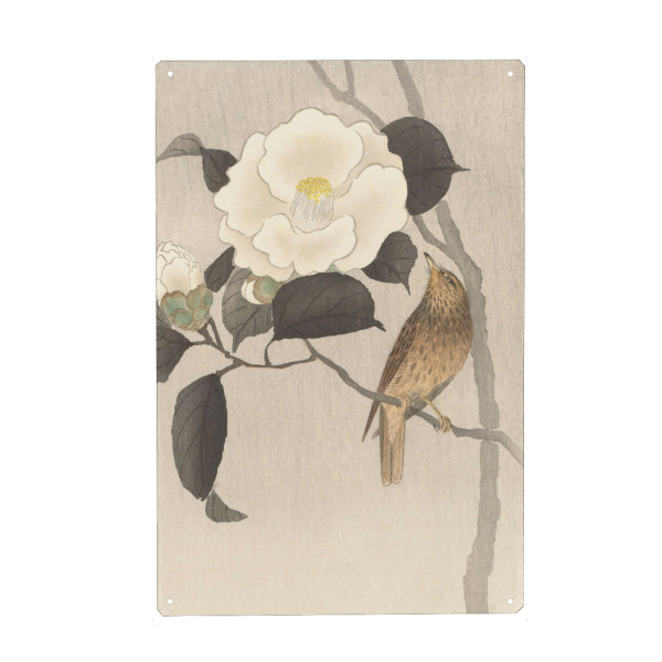 Holzbild "Singvogel und blühende Kamelie" artboxONE - Natur,Floral,Tiere