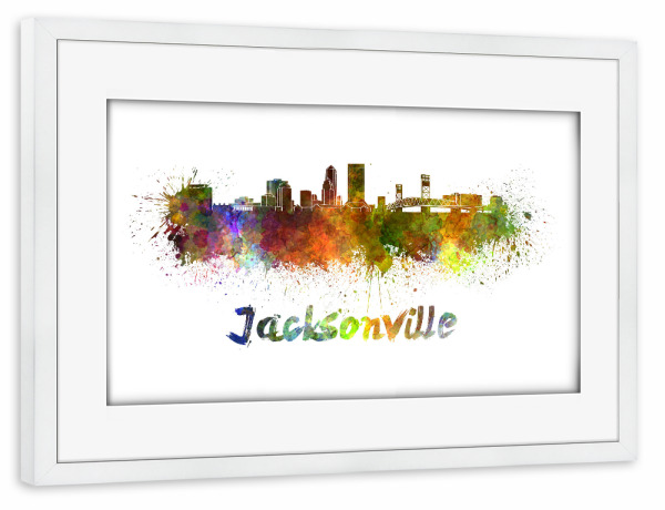 Poster mit Rahmen weiß "JACKSONVILLE skyline in watercolor" artboxONE - Städte,Abstrakt,Architektur