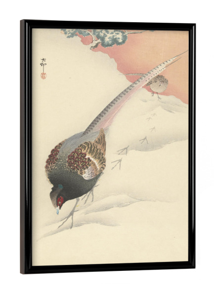 Poster mit schwarzem Rahmen "Fasanenpaar im Schnee" artboxONE - Natur,Tiere - Ohara,Koson,Malerei,Gemälde,Kunst,Natur,Tiere,Fasan,Vogel,Schnee
