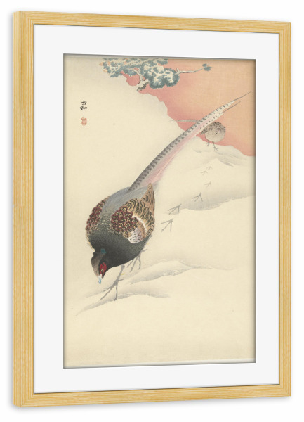 Poster mit Rahmen kiefer "Fasanenpaar im Schnee" artboxONE - Natur,Tiere - Ohara,Koson,Malerei,Gemälde,Kunst,Natur,Tiere,Fasan,Vogel,Schnee