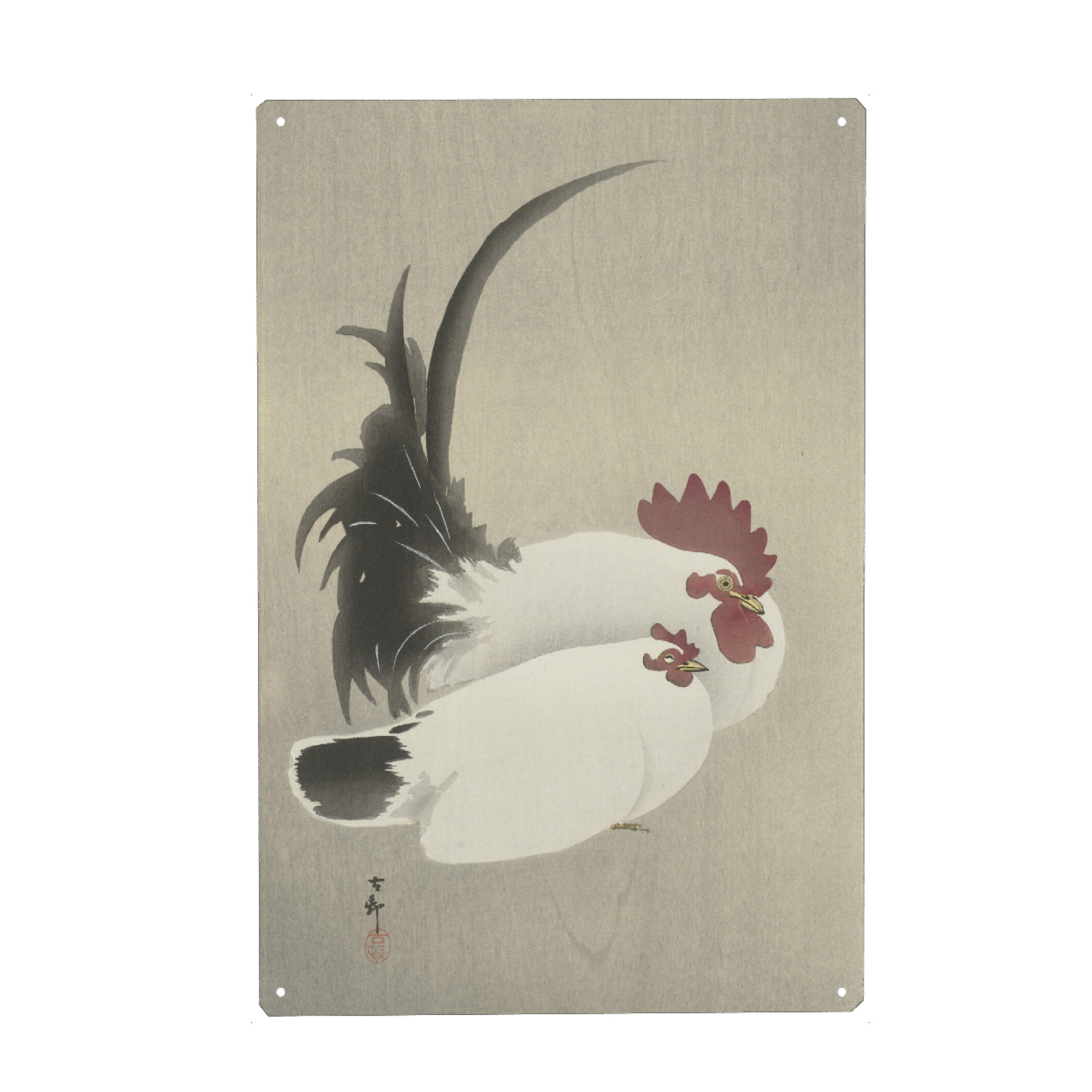 Holzbild "Hahn und Henne" artboxONE - Natur,Tiere - Ohara,Koson,Japan,Malerei,Gemälde,Kunst,Hahn,Henne,Tiere,Animals,Natur