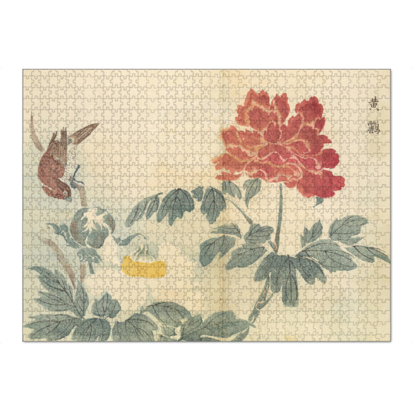 Puzzle Ravensburger "Vogel mit Blumen" artboxONE - Natur,Floral,Tiere - Japan,Malerei,Gemälde,Kunst,Blumen,Natur,Blätter,Bird,Masayoshi kitao