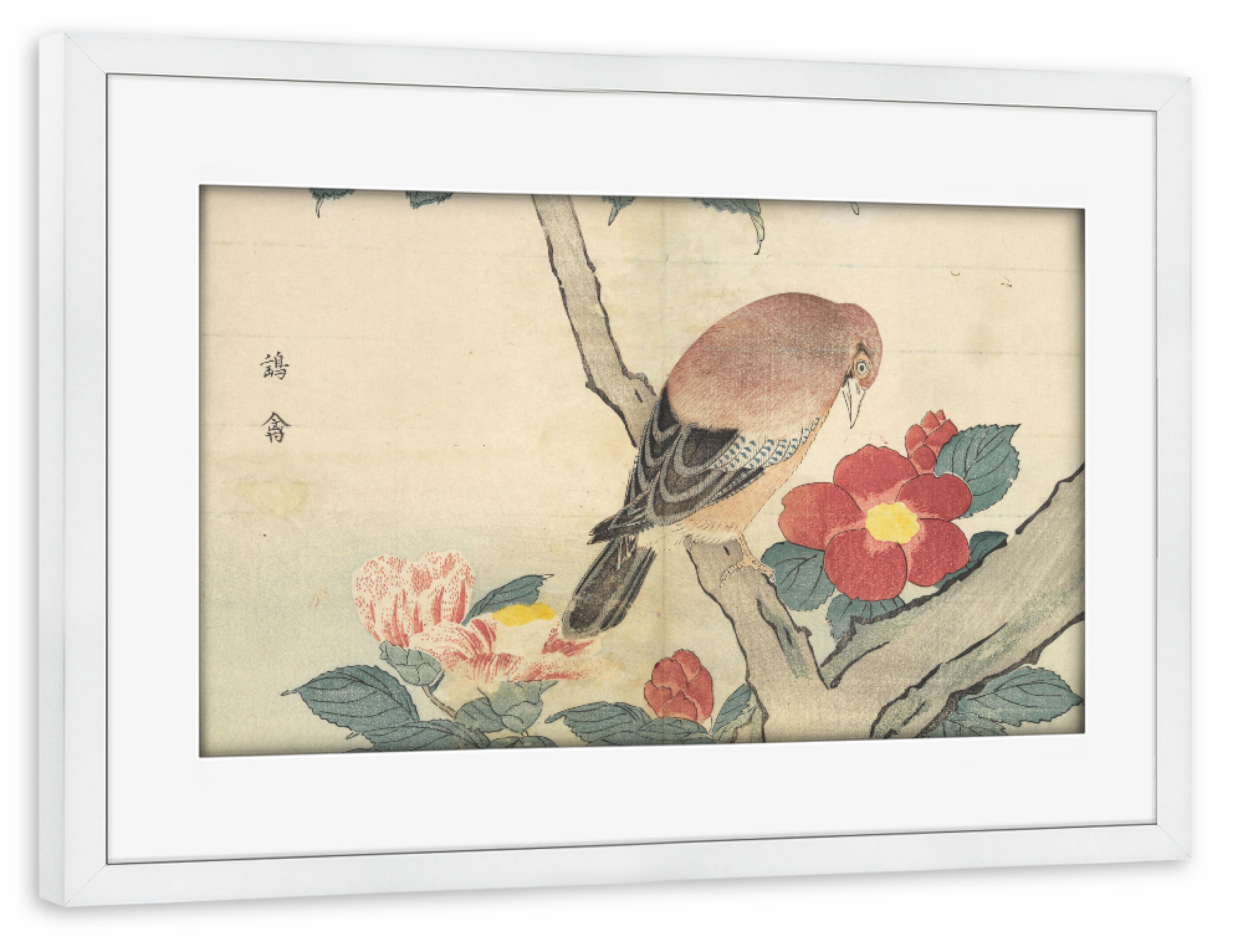 Poster mit Rahmen weiß "Vogel schnuppert an einer Blume" artboxONE - Natur,Floral,Tiere