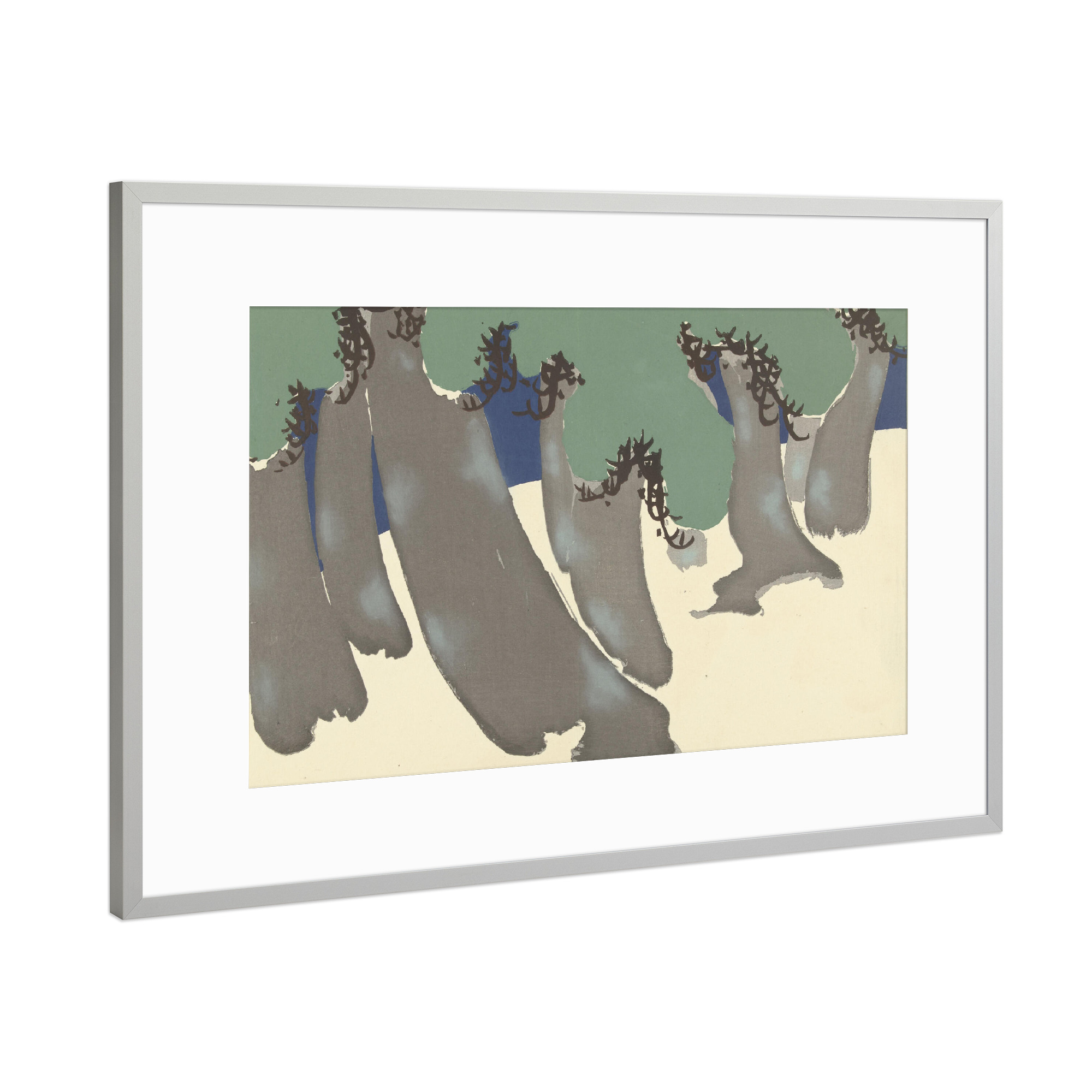 Poster mit Rahmen Silber "Windgepeitschte Kiefern" artboxONE - Natur,Abstrakt - Kamisaka sekka,Japan,Malerei,Gemälde,Kunst,Natur,Bäume